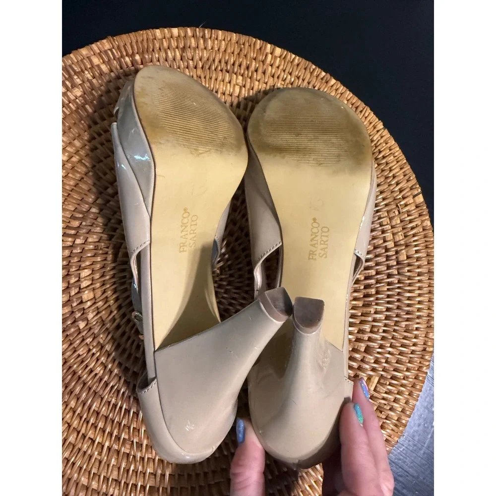 Franco Sarto Nude Patent Peep Toe Platform Heels Ankle Strap Pumps Size 8.5M